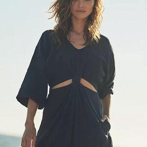 Free People Free - Knotty‎ But Nice Romper Black Textured Balloon Sleeves L